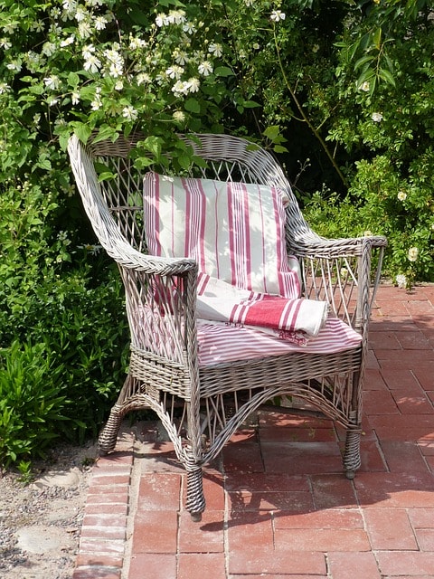 wicker chair, pillow, garden